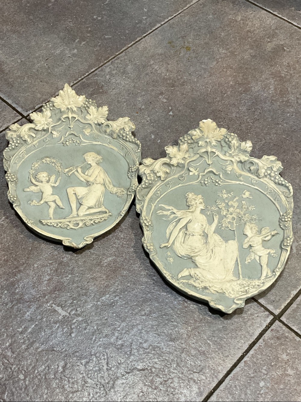 Ornate Neoclassical Wall Plaques in Pale Sage and Cream